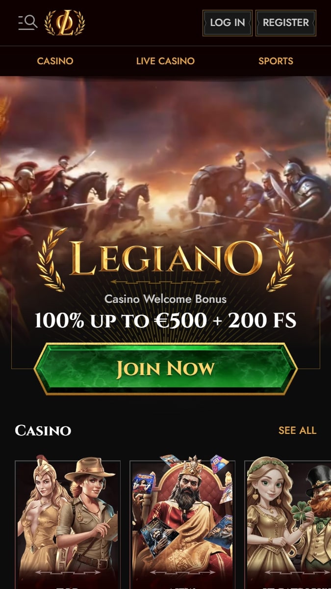 Pantalla promocional de Legiano con bono de bienvenida y diseño imperial dorado
