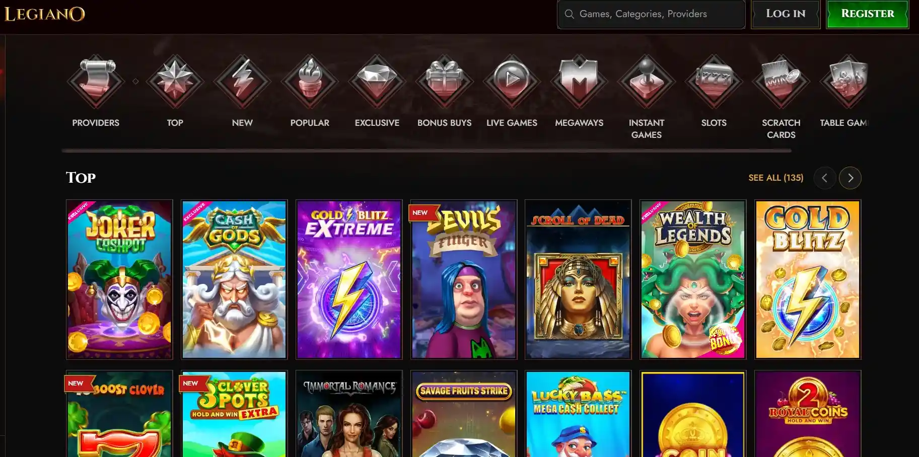 Pantalla de juego de Legiano mostrando tragaperras y navegación por categorías